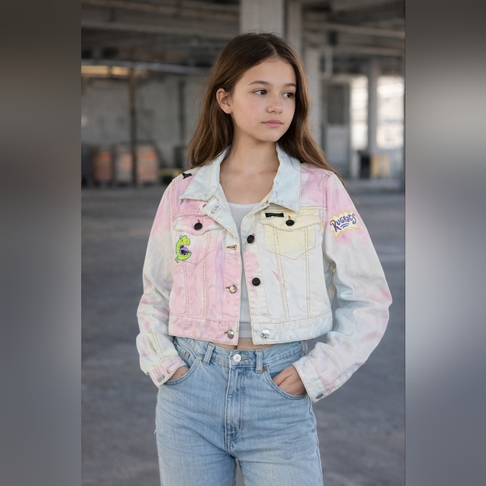 Nickelodeon X Members Only Rugrats Tie-Dye Frayed Crop Denim Jacket